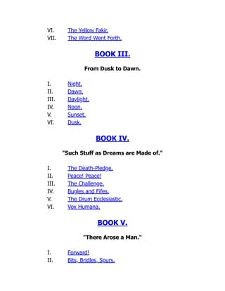 VI. The Yellow Fakir.
VII. The Word Went Forth.
BOOK III.
From Dusk to Dawn.
I. Night.
II. Dawn.
III. Daylight.
IV. Noon.
V. Sunset.
VI. Dusk.
BOOK IV.
"Such Stuff as Dreams are Made of."
I. The Death-Pledge.
II. Peace! Peace!
III. The Challenge.
IV. Bugles and Fifes.
V. The Drum Ecclesiastic.
VI. Vox Humana.
BOOK V.
"There Arose a Man."
I. Forward!
II. Bits, Bridles, Spurs.
 