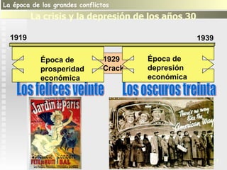 La época de los grandes conflictos                    1
         La crisis y la depresión de los años 30

  1919                                              1939

            Época de            1929    Época de
            prosperidad         Crack   depresión
            económica                   económica




                                                           1
 