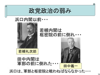 政党政治の弱み
浜口内閣以前・・・
若槻内閣は
枢密院の前に倒れ・・・

若槻礼次郎

田中内閣は
軍部の前に倒れた・・・

田中義一

浜口は、軍部と枢密院と戦わねばならなかった・・・
16

 
