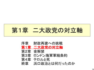 第１章　二大政党の対立軸
序章　　財政再建への挑戦
第１章　二大政党の対立軸
第２章　金解禁
第３章　ロンドン海軍軍縮条約
第４章　テロルと死
終章　　浜口政治とは何だったのか
18

 