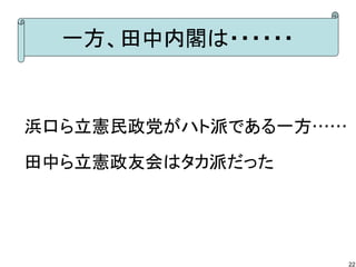 一方、田中内閣は・・・・・・

浜口ら立憲民政党がハト派である一方……
田中ら立憲政友会はタカ派だった

22

 