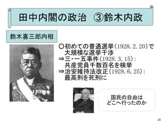 田中内閣の政治　③鈴木内政
鈴木喜三郎内相
○初めての普通選挙（1928.2.20）で
　 大規模な選挙干渉
⇒三・一五事件（1928.3.15）：
　 共産党員千数百名を検挙
⇒治安維持法改正（1928.6.25）：
　 最高刑を死刑に
国民の自由は
どこへ行ったのか
25

 