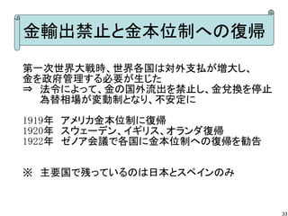 金輸出禁止と金本位制への復帰
第一次世界大戦時、世界各国は対外支払が増大し、
金を政府管理する必要が生じた
⇒　法令によって、金の国外流出を禁止し、金兌換を停止
　　 為替相場が変動制となり、不安定に
1919年　アメリカ金本位制に復帰
1920年　スウェーデン、イギリス、オランダ復帰
1922年　ゼノア会議で各国に金本位制への復帰を勧告
※　主要国で残っているのは日本とスペインのみ

33

 
