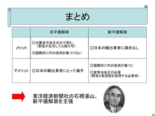 まとめ
旧平価解禁

メリット

○大蔵省令改正のみで済む。
　　（野党が反対しても強行可）

新平価解禁

○日本の輸出業者に損失なし

○国際的に円の信用を傷つけない

○国際的に円の信用が傷つく

デメリット ○日本の輸出業者にとって痛手

○貨幣法改正が必要
（野党と枢密院を説得する必要有）

東洋経済新聞社の石橋湛山、
新平価解禁を主張
40

 