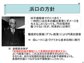 浜口の方針
旧平価解禁で行くべきだ！
一時的には日本の輸出業者にダメージを
与えることになっても、円の信用を
傷つけない方が、将来的には得だ
徹底的な緊縮（デフレ政策）により円高を誘導
⇒　旧レートに近づけてから金本位制に移行
※　金解禁自体が
「短期的利益を犠牲にして長期的利益を優先する」
　　 という施策であり、これは浜口の思想そのものだった。
そのため、浜口は短期的利益を求める新平価解禁よりも、
長期的利益につながる旧平価解禁にこだわった。
41

 