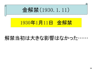 金解禁（1930.1.11）
1930年1月11日　金解禁
解禁当初は大きな影響はなかった……

55

 