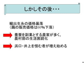しかしその後・・・
輸出生糸の価格暴落
（繭の販売価格は60％下落）
　　養蚕を副業とする農家が多く、
　　農村部の生活困窮化
　　浜口・井上を恨む者が増え始める

58

 