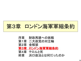 第３章　ロンドン海軍軍縮条約
序章　　財政再建への挑戦
第１章　二大政党の対立軸
第２章　金解禁
第３章　ロンドン海軍軍縮条約
第４章　テロルと死
終章　　浜口政治とは何だったのか
59

 
