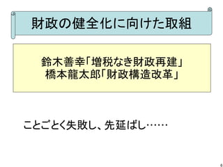 財政の健全化に向けた取組
鈴木善幸「増税なき財政再建」
橋本龍太郎「財政構造改革」

ことごとく失敗し、先延ばし……

6

 