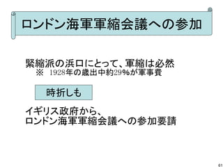 ロンドン海軍軍縮会議への参加
緊縮派の浜口にとって、軍縮は必然
　　※　1928年の歳出中約29％が軍事費

時折しも
イギリス政府から、
ロンドン海軍軍縮会議への参加要請

61

 