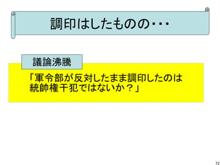 調印はしたものの・・・
議論沸騰
「軍令部が反対したまま調印したのは
統帥権干犯ではないか？」

72

 