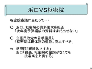 浜口ＶＳ枢密院
枢密院審議に当たって・・・
○　浜口、枢密院の資料要求を拒否
　　「次年度予算編成の資料はまだ出せない」
○　立憲民政党の若手議員ら
　　「枢密院は旧体制の遺物。廃止すべき」
⇒　枢密院「審議休止する」
　　 浜口「最悪、枢密院の諮詢がなくても
　　　　　　批准案を上奏する」

78

 