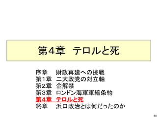 第４章　テロルと死
序章　　財政再建への挑戦
第１章　二大政党の対立軸
第２章　金解禁
第３章　ロンドン海軍軍縮条約
第４章　テロルと死
終章　　浜口政治とは何だったのか
80

 