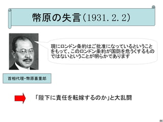 幣原の失言（1931.2.2）
現にロンドン条約はご批准になっているということ
をもって、このロンドン条約が国防を危うくするもの
ではないということが明らかであります

首相代理・幣原喜重郎

「陛下に責任を転嫁するのか」と大乱闘

86

 