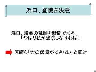浜口、登院を決意

　　浜口、議会の乱闘を新聞で知る
　　　　　「やはり私が登院しなければ」
　　　医師ら「命の保障ができない」と反対

89

 