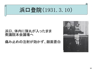 浜口登院（1931.3.10）

浜口、体内に弾丸が入ったまま
衆議院本会議場へ
痛み止めの注射が効かず、顔面蒼白

91

 