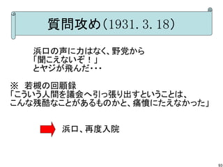 質問攻め（1931.3.18）
　　　　浜口の声に力はなく、野党から
　　　　「聞こえないぞ！」
　　　　とヤジが飛んだ・・・
※　若槻の回顧録
「こういう人間を議会へ引っ張り出すということは、
こんな残酷なことがあるものかと、痛憤にたえなかった」
　　　　　
　　　　　　　　　浜口、再度入院

93

 