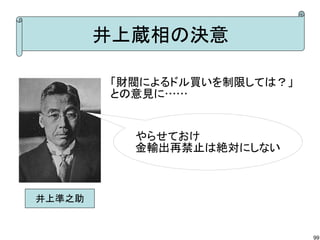 井上蔵相の決意
「財閥によるドル買いを制限しては？」
との意見に……

やらせておけ
金輸出再禁止は絶対にしない

井上準之助

99

 
