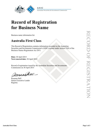 Record of Registration for Business Name - Australia First Class.PDF