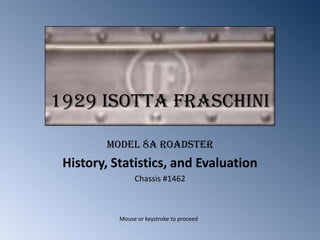 1929 IsottaFraschini Model 8A Roadster History, Statistics, and Evaluation Chassis #1462 Mouse or keystroke to proceed 