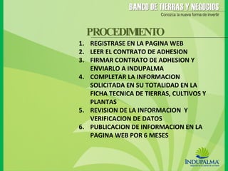 REGISTRASE EN LA PAGINA WEB  LEER EL CONTRATO DE ADHESION  FIRMAR CONTRATO DE ADHESION Y ENVIARLO A INDUPALMA  COMPLETAR LA INFORMACION SOLICITADA EN SU TOTALIDAD EN LA FICHA TECNICA DE TIERRAS, CULTIVOS Y PLANTAS REVISION DE LA INFORMACION  Y VERIFICACION DE DATOS  PUBLICACION DE INFORMACION EN LA PAGINA WEB POR 6 MESES PROCEDIMIENTO 