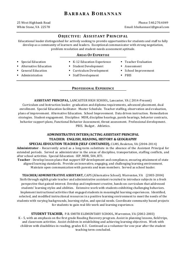bohannan assistant principal resume educational experience resumes