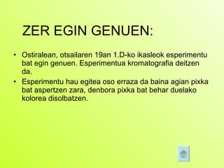 Ostiralean, otsailaren 19an 1.D-ko ikasleok esperimentu bat egin genuen. Esperimentua kromatografia deitzen da.  Esperimentu hau egitea oso erraza da baina agian pixka bat aspertzen zara, denbora pixka bat behar duelako kolorea disolbatzen. ZER EGIN GENUEN: 