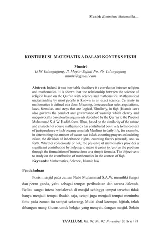 TA’ALLUM, Vol. 04, No. 02, November 2016 ж 193
Muniri: Kontribusi Matematika....
KONTRIBUSI MATEMATIKA DALAM KONTEKS FIKIH...