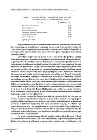 A Política Industrial nos Anos 90 e a Alocação de Recursos Produtivos: guerra e renúncia fiscal
74 REVISTA PARANAENSE DE DESENVOLVIMENTO, Curitiba, n. 104, p. 61- 78, jan./jun. 2003
TABELA 1 - PRINCIPAIS RAZÕES CONSIDERADAS PELAS EMPRESAS
PARA A INSTALAÇÃO DE NOVAS PLANTAS NO BRASIL
RAZÃO EMPRESAS (%)
Proximidade do Mercado 57,3
Benefícios Fiscais 57,3
Custo de Mão-de-Obra 41,5
Vantagens Específicas das Localidades 39,0
Sindicalismo Atuante 24,4
Saturação Espacial 14,6
FONTE: CNI (1997)
A pesquisa mostra que a proximidade do mercado e os benefícios fiscais são
determinantes para a escolha das empresas, na ausência de uma política industrial
clara, voltada para o desenvolvimento de regiões mais atrasadas do País. Os estados e
municípios vêem a guerra fiscal como a única forma de gerar empregos e dinamizar as
economias locais.
Outro fator importante na guerra fiscal são os dividendos políticos obtidos
pelos governantes que conseguiram atrair indústrias para sua área de influência eleitoral.
O ganho político é oriundo do número de empregos supostamente gerados quando a
indústria tiver atingido sua capacidade máxima de produção. Entre o anúncio da decisão
de investir em determinada região e o funcionamento efetivo da empresa, transcorre
um período considerável, que pode ser capitalizado pelo governador, prefeito e outras
lideranças políticas responsáveis pelas negociações para a vinda da empresa. O nome
do programa que regula os incentivos fiscais concedidos pelo Paraná é bastante
eloqüente: Paraná Mais Empregos. O Governo do Rio Grande do Sul também colocava
a questão da geração de empregos como ponto fundamental e, além disso, justificava
a concessão de incentivos como uma forma de atrair indústrias para a região meridional
do País, compensando-as pela distância em relação aos maiores centros consumidores
localizados na Região Sudeste. Os defensores da guerra fiscal argumentavam que essa
era a única forma de corrigir desigualdades regionais seculares, pois, do contrário,
essas regiões não seriam atrativas, e todo o investimento concentrar-se-ia na Região
Sudeste, principalmente em São Paulo.
A postura passiva do Governo em relação à guerra fiscal fez com que os
maiores investimentos estivessem atrelados às propostas de estados e municípios para
atraí-los. O objetivo das empresas, sabendo que a União não iria interferir, era diminuir
o valor do investimento necessário. Um outro problema que surgiu foi o fato de as
newcomers competirem com empresas que já estavam instaladas havia mais tempo e
não gozavam dos mesmos benefícios. Muitas dessas empresas ameaçaram sair da
região onde estavam localizadas caso não fossem atendidas, ao mesmo tempo em que
outros municípios as assediavam.
No atual contexto da guerra fiscal, a política industrial do Governo Federal
ficou seriamente comprometida. Se antes o Estado era o responsável por maior parte
dos investimentos de grande porte e que possuíam elevado efeito multiplicador, nos
 