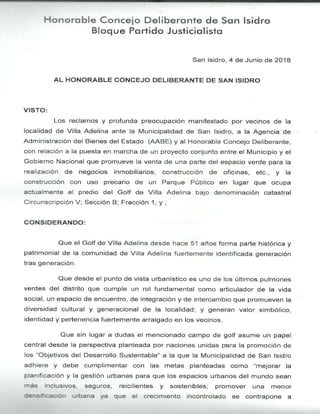 193-HCD-2018 Proy. de Resolución: Preocupacion sobre el proyecto a implementar en el Ex-Golf de Villa Adelina