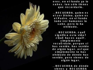…  RECUERDA quién eres, en el fondo ya lo sabes, tan sólo tienes que recordarlo. …  RECUERDA, quien es el ser Divino, quien es el Padre, en el fondo todo ser humanos lo sabe, pero lo ha olvidado, …  RECUERDA, ¿qué significa esta vida? ¿Qué haces aquí?, simplemente recuérdalo, porque si has venido, has venido de algún lugar, así que simplemente te has olvidado de dónde has venido, pero vienes de algún lugar, …  RECUERDA de dónde vienes y RECUERDA cuál es tu misión aquí. 