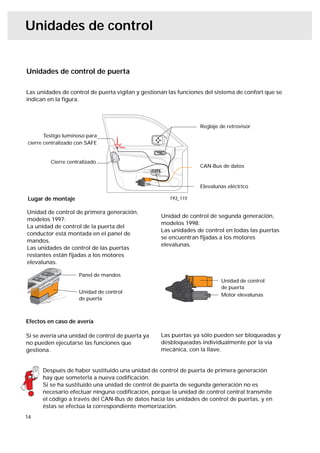 Unidades de control


Unidades de control de puerta

Las unidades de control de puerta vigilan y gestionan las funciones del sistema de confort que se
indican en la ﬁgura.



                                                                 Reglaje de retrovisor
       Testigo luminoso para
cierre centralizado con SAFE


         Cierre centralizado
                                                                 CAN-Bus de datos


                                                                 Elevalunas eléctrico

Lugar de montaje                                      193_115


Unidad de control de primera generación,
                                                   Unidad de control de segunda generación,
modelos 1997:
                                                   modelos 1998:
La unidad de control de la puerta del
                                                   Las unidades de control en todas las puertas
conductor está montada en el panel de
                                                   se encuentran ﬁjadas a los motores
mandos.
                                                   elevalunas.
Las unidades de control de las puertas
restantes están ﬁjadas a los motores
elevalunas.

                    Panel de mandos
                                                                         Unidad de control
                                                                         de puerta
                    Unidad de control
                                                                         Motor elevalunas
                    de puerta



Efectos en caso de avería

Si se avería una unidad de control de puerta ya    Las puertas ya sólo pueden ser bloqueadas y
no pueden ejecutarse las funciones que             desbloqueadas individualmente por la vía
gestiona.                                          mecánica, con la llave.


      Después de haber sustituido una unidad de control de puerta de primera generación
      hay que someterla a nueva codiﬁcación.
      Si se ha sustituido una unidad de control de puerta de segunda generación no es
      necesario efectuar ninguna codiﬁcación, porque la unidad de control central transmite
      el código a través del CAN-Bus de datos hacia las unidades de control de puertas, y en
      éstas se efectúa la correspondiente memorización.
14
 