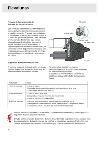 Elevalunas


Principio de funcionamiento del                                                                Plaqueta
limitador del exceso de fuerza

Con ayuda de un sensor Hall, el limitador del
exceso de fuerza detecta el riesgo de producir
un aprisionamiento. El sensor está alojado en                              Imán anular
la plaqueta de la unidad de control de puerta, a
la altura del eje del servomotor. Tiene adherido
un imán anular. Si el cristal topa con un                                                      Sensor Hall
obstáculo durante el ciclo de ascenso, el                                                           Eje del motor
sensor Hall detecta una alteración en el
régimen del motor elevaluna. De esa forma, la
unidad de control de puerta reconoce que una
resistencia se opone al movimiento, en virtud
de lo cual invierte el sentido de movimiento
del cristal.

                                                                                                     193_035
Superación de movimientos pesados

El sistema no puede distinguir entre un riesgo        Por ese motivo, también en caso de
efectivo de producir un aprisionamiento y un          movimiento pesado se produce una inversión
movimiento mecánicamente pesado.                      del movimiento ascendente.
                                                      Si se atasca el movimiento de un cristal es
                                                      posible desactivar el limitador del exceso de
                                                      fuerza.

 Instrucción            Efecto

 I ciclo de ascenso     La luna se atasca.
                        El limitador del exceso de fuerza invierte el movimiento de la luna.
                        La luna vuelve a la posición anterior.

 II ciclo de ascenso    La luna se atasca de nuevo.
                        No se produce ninguna inversión del movimiento.
                        La luna se mantiene en esa posición.

 III ciclo de ascenso   El ciclo de ascenso se realiza sin limitación del exceso de fuerza.
                        Está disponible toda la fuerza del motor sobre la carrera completa de la luna.
                        La luna puede cerrar a pesar de que tiene movimiento pesado.



        Las tres instrucciones tienen que ser dadas con el encendido conectado y en un lapso de 5
        segundos después de pararse la luna.

        Si hubo una interrupción de corriente (batería desembornada) es preciso llevar a cabo un ciclo
        de autoadaptación de los elevalunas, para deﬁnir la posición de sus topes ﬁnales. Sin este
        ciclo de autoadaptación tampoco es posible ningún ciclo de movimientos automáticos.


26
 