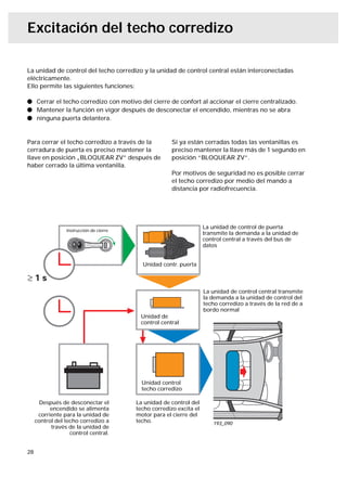 Excitación del techo corredizo

La unidad de control del techo corredizo y la unidad de control central están interconectadas
eléctricamente.
Ello permite las siguientes funciones:

l Cerrar el techo corredizo con motivo del cierre de confort al accionar el cierre centralizado.
l Mantener la función en vigor después de desconectar el encendido, mientras no se abra
l ninguna puerta delantera.


Para cerrar el techo corredizo a través de la          Si ya están cerradas todas las ventanillas es
cerradura de puerta es preciso mantener la             preciso mantener la llave más de 1 segundo en
llave en posición „BLOQUEAR ZV” después de             posición “BLOQUEAR ZV”.
haber cerrado la última ventanilla.
                                                       Por motivos de seguridad no es posible cerrar
                                                       el techo corredizo por medio del mando a
                                                       distancia por radiofrecuencia.




                                                                     La unidad de control de puerta
                 Instrucción de cierre
                                                                     transmite la demanda a la unidad de
                                                                     control central a través del bus de
                                                                     datos


                                           Unidad contr. puerta



                                                                     La unidad de control central transmite
                                                                     la demanda a la unidad de control del
                                                                     techo corredizo a través de la red de a
                                                                     bordo normal
                                          Unidad de
                                          control central




                                           Unidad control
                                           techo corredizo

       Después de desconectar el         La unidad de control del
           encendido se alimenta         techo corredizo excita el
      corriente para la unidad de        motor para el cierre del
     control del techo corredizo a       techo.                         193_090
           través de la unidad de
                   control central.


28
 
