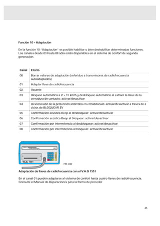 Función 10 – Adaptación

En la función 10 “Adaptación” es posible habilitar o bien deshabilitar determinadas funciones.
Los canales desde 03 hasta 08 sólo están disponibles en el sistema de confort de segunda
generación.



Canal    Efecto
00       Borrar valores de adaptación (referidos a transmisores de radiofrecuencia
         autoadaptados)
01       Adaptar llave de radiofrecuencia
02       Vacante
03       Bloqueo automático a V > 15 km/h y desbloqueo automático al extraer la llave de la
         cerradura de contacto: activar/desactivar
04       Desconexión de la protección antirrobo en el habitáculo: activar/desactivar a través de 2
         ciclos de BLOQUEAR ZV
05       Conﬁrmación acústica Beep al desbloquear: activar/desactivar
06       Conﬁrmación acústica Beep al bloquear: activar/desactivar
07       Conﬁrmación por intermitencia al desbloquear: activar/desactivar
08       Conﬁrmación por intermitencia al bloquear: activar/desactivar




                           ﬁ




                                 193_042


Adaptación de llaves de radiofrecuencia con el V.A.G 1551

En el canal 01 pueden adaptarse al sistema de confort hasta cuatro llaves de radiofrecuencia.
Consulte el Manual de Reparaciones para la forma de proceder.




                                                                                                 45
 