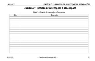 3122377 CAPÍTULO 7 - REGISTO DE INSPECÇÕES E REPARAÇÕES
3122377 – Plataforma Elevatória JLG – 7-1
CAPÍTULO 7. REGISTO DE INSPECÇÕES E REPARAÇÕES
Tabela 7-1. Registo de Inspecções e Reparações
Data Observações
 