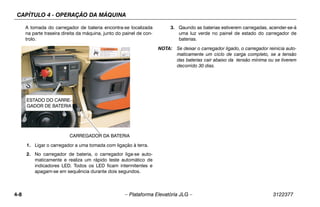 CAPÍTULO 4 - OPERAÇÃO DA MÁQUINA
4-8 – Plataforma Elevatória JLG – 3122377
A tomada do carregador de bateria encontra-se localizada
na parte traseira direita da máquina, junto do painel de con-
trolo.
1. Ligar o carregador a uma tomada com ligação à terra.
2. No carregador de bateria, o carregador liga-se auto-
maticamente e realiza um rápido teste automático de
indicadores LED. Todos os LED ficam intermitentes e
apagam-se em sequência durante dois segundos.
3. Qaundo as baterias estiverem carregadas, acender-se-á
uma luz verde no painel de estado do carregador de
baterias.
NOTA: Se deixar o carregador ligado, o carregador reinicia auto-
maticamente um ciclo de carga completo, se a tensão
das baterias cair abaixo da tensão mínima ou se tiverem
decorrido 30 dias.
CARREGADOR DA BATERIA
ESTADO DO CARRE-
GADOR DE BATERIA
 