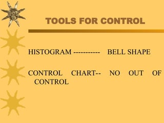 TOOLS FOR CONTROL
HISTOGRAM ----------- BELL SHAPE
CONTROL CHART-- NO OUT OF
CONTROL
 