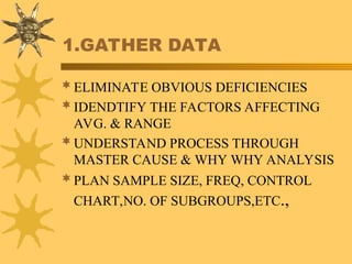 1.GATHER DATA
ELIMINATE OBVIOUS DEFICIENCIES
IDENDTIFY THE FACTORS AFFECTING
AVG. & RANGE
UNDERSTAND PROCESS THROUGH
MASTER CAUSE & WHY WHY ANALYSIS
PLAN SAMPLE SIZE, FREQ, CONTROL
CHART,NO. OF SUBGROUPS,ETC.,
 