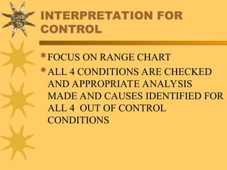 INTERPRETATION FOR
CONTROL
FOCUS ON RANGE CHART
ALL 4 CONDITIONS ARE CHECKED
AND APPROPRIATE ANALYSIS
MADE AND CAUSES IDENTIFIED FOR
ALL 4 OUT OF CONTROL
CONDITIONS
 