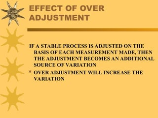 EFFECT OF OVER
ADJUSTMENT
IF A STABLE PROCESS IS ADJUSTED ON THE
BASIS OF EACH MEASUREMENT MADE, THEN
THE ADJUSTMENT BECOMES AN ADDITIONAL
SOURCE OF VARIATION
 OVER ADJUSTMENT WILL INCREASE THE
VARIATION
 