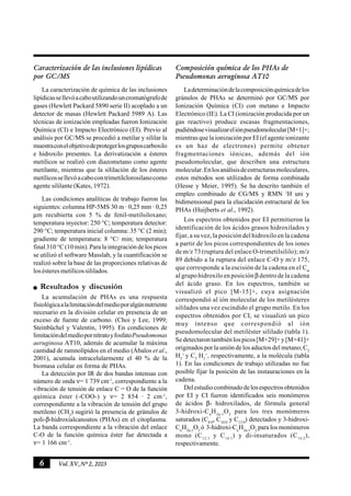 6 Vol.XV,Nº2, 2003
Caracterización de las inclusiones lipídicas
por GC/MS
La caracterización de química de las inclusiones
lipídicassellevóacaboutilizandouncromatógrafode
gases (Hewlett Packard 5890 serie II) acoplado a un
detector de masas (Hewlett Packard 5989 A). Las
técnicas de ionización empleadas fueron Ionización
Química (CI) e Impacto Electrónico (EI). Previo al
análisis por GC/MS se procedió a metilar y sililar la
muestraconelobjetivodeprotegerlosgruposcarboxilo
e hidroxilo presentes. La derivatización a ésteres
metílicos se realizó con diazometano como agente
metilante, mientras que la sililación de los ésteres
metílicossellevóacabocontrimetilclorosilanocomo
agente sililante (Kates, 1972).
Las condiciones analíticas de trabajo fueron las
siguientes: columna HP-5MS 30 m · 0,25 mm · 0,25
µm recubierta con 5 % de fenil-metilsiloxano;
temperatura inyector: 250 °C; temperatura detector:
290 °C; temperatura inicial columna: 35 °C (2 min);
gradiente de temperatura: 8 °C/ min; temperatura
final 310 °C (10 min). Para la integración de los picos
se utilizó el software Masslab, y la cuantificación se
realizó sobre la base de las proporciones relativas de
losésteresmetílicossililados.
Resultados y discusión
La acumulación de PHAs es una respuesta
fisiológicaalalimitacióndelmedioporalgúnnutriente
necesario en la división celular en presencia de un
exceso de fuente de carbono. (Choi y Lee, 1999;
Steinbüchel y Valentin, 1995). En condiciones de
limitacióndelmediopornitratoyfosfatoPseudomonas
aeruginosa AT10, además de acumular la máxima
cantidad de ramnolípidos en el medio (Ábalos et al.,
2001), acumula intracelularmente el 40 % de la
biomasa celular en forma de PHAs.
La detección por IR de dos bandas intensas con
número de onda ν= 1 739 cm-1
, correspondiente a la
vibración de tensión de enlace C = O de la función
química éster (-COO-) y ν= 2 854 · 2 cm-1
,
correspondiente a la vibración de tensión del grupo
metileno (CH2
) sugirió la presencia de gránulos de
poli-β-hidroxialcanoatos (PHAs) en el citoplasma.
La banda correspondiente a la vibración del enlace
C-O de la función química éster fue detectada a
ν= 1 166 cm-1
.
Composición química de los PHAs de
Pseudomonas aeruginosa AT10
Ladeterminacióndelacomposiciónquímicadelos
gránulos de PHAs se determinó por GC/MS por
Ionización Química (CI) con metano e Impacto
Electrónico (IE). La CI (ionización producida por un
gas reactivo) produce escasas fragmentaciones,
pudiéndosevisualizareliónpseudomolecular[M+1]+;
mientras que la ionización por EI (el agente ionizante
es un haz de electrones) permite obtener
fragmentaciones iónicas, además del ión
pseudomolecular, que describen una estructura
molecular.Enlosanálisisdeestructurasmoleculares,
estos métodos son utilizados de forma combinada
(Hesse y Meier, 1995). Se ha descrito también el
empleo combinado de CG/MS y RMN 1
H uni y
bidimensional para la elucidación estructural de los
PHAs (Huijberts et al., 1992).
Los espectros obtenidos por EI permitieron la
identificación de los ácidos grasos hidroxilados y
fijar, a su vez, la posición del hidroxilo en la cadena
a partir de los picos correspondientes de los iones
de m/z 73 (ruptura del enlace O-trimetilsililo); m/z
89 debido a la ruptura del enlace C-O y m/z 175,
que corresponde a la escisión de la cadena en el Cα
al grupo hidroxilo en posición β dentro de la cadena
del ácido graso. En los espectros, también se
visualizó el pico [M-15]+, cuya asignación
correspondió al ión molecular de los metilésteres
sililados una vez escindido el grupo metilo. En los
espectros obtenidos por CI, se visualizó un pico
muy intenso que correspondió al ión
pseudomolecular del metiléster sililado (tabla 1).
Sedetectarontambiénlospicos[M+29]+y[M+41]+
originados por la unión de los aductos del metano, C2
H5
+
y C3
H5
+
, respectivamente, a la molécula (tabla
1). En las condiciones de trabajo utilizadas no fue
posible fijar la posición de las instauraciones en la
cadena.
Delestudiocombinadodelosespectrosobtenidos
por EI y CI fueron identificados seis monómeros
de ácidos β- hidroxilados, de fórmula general
3-hidroxi-Cn
H2n-1
O2
para los tres monómeros
saturados (C8:0
, C10:0
y C12:0
) detectados y 3-hidroxi-
Cn
H2n-3
O2
ó 3-hidroxi-Cn
H2n-5
O2
para los monómeros
mono (C12:1
y C14:1
) y di-insaturados (C14:2
),
respectivamente.
 