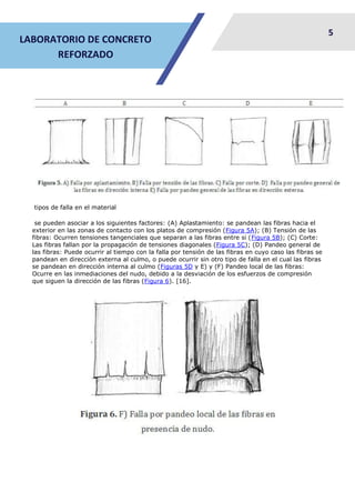 5
LABORATORIO DE CONCRETO
REFORZADO
tipos de falla en el material
se pueden asociar a los siguientes factores: (A) Aplastamiento: se pandean las fibras hacia el
exterior en las zonas de contacto con los platos de compresión (Figura 5A); (B) Tensión de las
fibras: Ocurren tensiones tangenciales que separan a las fibras entre si (Figura 5B); (C) Corte:
Las fibras fallan por la propagación de tensiones diagonales (Figura 5C); (D) Pandeo general de
las fibras: Puede ocurrir al tiempo con la falla por tensión de las fibras en cuyo caso las fibras se
pandean en dirección externa al culmo, o puede ocurrir sin otro tipo de falla en el cual las fibras
se pandean en dirección interna al culmo (Figuras 5D y E) y (F) Pandeo local de las fibras:
Ocurre en las inmediaciones del nudo, debido a la desviación de los esfuerzos de compresión
que siguen la dirección de las fibras (Figura 6). [16].
 