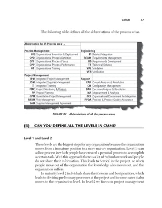 CMMi	      77



           The following table defines all the abbreviations of the process areas.




                      Figure 82  Abbreviations of all the process areas



(B)	 Can	you­	define	all	the	levels	in	CMMi?


Level 1 and Level 2
       These levels are the biggest steps for any organization because the organization
       moves from a immature position to a more mature organization. Level 1 is an
       adhoc process in which people have created a personal process to accomplish
       a certain task. With this approach there is a lot of redundant work and people
       do not share their information. This leads to heroes’ in the project, so when
       people move out of the organization the knowledge also moves out, and the
       organization suffers.
           In maturity level 2 individuals share their lessons and best practices, which
       leads to devising preliminary processes at the project and in some cases it also
       moves to the organization level. In level 2 we focus on project management
 