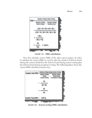 MetricS	      123




                     Figure 119    DRE calculation
        Now let’s calculate system DRE of the above given project. In order
    to calculate the system DRE we need to take the number of defects found
    during the system divided by the defects found during system testing plus
    the defects found during acceptance testing. The following figure shows the
    system DRE calculation step by step.




             Figure 120    System testing DRE calculation
 