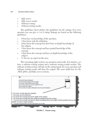 xiv	       interview	rating	sHeet



       n       SQL server
       n       SQL server results
       n       Software testing
       n       Software testing results
           The guidelines sheet defines the guidelines for the ratings. For every
       question you can give a 1 to 5 rating. Ratings are based on the following
       guidelines:
       n       0-You have no knowledge of the question.
       n       1-You know only the definition.
       n       2-You know the concept but don’t have in-depth knowledge of
               the subject.
       n       3-You know the concept and have partial knowledge of the
               concept.
       n       4-You know the concept and have in-depth knowledge of the
               subject.
       n       5- You are an expert in this area.
           The remaining eight sections are questions and results. For instance, we
       have a software testing section and a software testing results section. The
       software testing section will take in the rating inputs for every question and
       software testing results will show the output. The same holds true for the
       .NET, JAVA, and SQL server sections.




                                    Figure 2  Choose rating
 