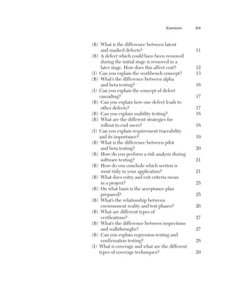cOntents	     xix



    (B) What is the difference between latent
         and masked defects?                          11
    (B) A defect which could have been removed
         during the initial stage is removed in a
         later stage. How does this affect cost?      12
    (I) Can you explain the workbench concept?        13
    (B) What’s the difference between alpha
         and beta testing?                            16
    (I) Can you explain the concept of defect
        cascading?                                    17
    (B) Can you explain how one defect leads to
         other defects?                               17
    (B) Can you explain usability testing?            18
    (B) What are the different strategies for
         rollout to end users?                        18
    (I) Can you explain requirement traceability
        and its importance?                           19
    (B) What is the difference between pilot
         and beta testing?                            20
    (B) How do you perform a risk analysis during
         software testing?                            21
    (B) How do you conclude which section is
         most risky in your application?              21
    (B) What does entry and exit criteria mean
         in a project?                                25
    (B) On what basis is the acceptance plan
         prepared?                                    25
    (B) What’s the relationship between
         environment reality and test phases?         26
    (B) What are different types of
         verifications?                               27
    (B) What’s the difference between inspections
         and walkthroughs?                            27
    (B) Can you explain regression testing and
         confirmation testing?                        28
    (I) What is coverage and what are the different
        types of coverage techniques?                 29
 