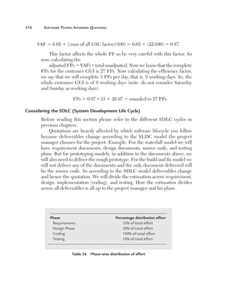 174	      Software	teSting	interview	QueStionS



       VAF 5 0.65 1 ((sum of all GSC factor)/100) 5 0.65 1 (22/100) 5 0.87.

            This factor affects the whole FP so be very careful with this factor. So 
        now, calculating the 
            adjusted FPs 5 VAFs * total unadjusted. Now we know that the complete 
        FPs for the customer GUI is 27 FPs. Now calculating the efficiency factor, 
        we say that we will complete 3 FPs per day, that is, 9 working days. So, the 
        whole customer GUI is of 9 working days (note: do not consider Saturday 
        and Sunday as working days). 

                          FPs 5 0.87 * 31 5 26.97 5 rounded to 27 FPs.

Considering the SDLC (System Development Life Cycle)
        Before  reading  this  section  please  refer  to  the  different  SDLC  cycles  in 
        previous chapters.
             Quotations are heavily affected by which software lifecycle you follow 
        because  deliverables  change  according  to  the  SLDC  model  the  project 
        manager chooses for the project. Example: For the waterfall model we will 
        have requirement documents, design documents, source code, and testing 
        plans. But for prototyping models, in addition to the documents above, we 
        will also need to deliver the rough prototype. For the build and fix model we 
        will not deliver any of the documents and the only document delivered will 
        be the source code. So according to the SDLC model deliverables change 
        and hence the quotation. We will divide the estimation across requirement, 
        design,  implementation  (coding),  and  testing.  How  the  estimation  divides 
        across all deliverables is all up to the project manager and his plans.




             Phase                                 Percentage distribution effort
              Requirements	                            10%	of	total	effort
              Design	Phase	                            20%	of	total	effort
              Coding	                                  100%	of	total	effort
              Testing	                                 10%	of	total	effort


                          Table 34  Phase-wise distribution of effort
 