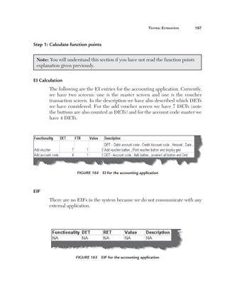 teSting	eStimation	    187



Step 1: Calculate function points 


    Note: You will understand this section if you have not read the function points 
    explanation given previously.


EI Calculation
          The following are the EI entries for the accounting application. Currently, 
          we  have  two  screens:  one  is  the  master  screen  and  one  is  the  voucher 
          transaction screen. In the description we have also described which DETs 
          we have considered. For the add voucher screen we have 7 DETs (note 
          the buttons are also counted as DETs) and for the account code master we 
          have 4 DETs. 




                        Figure 164  EI for the accounting application



EIF
          There are no EIFs in the system because we do not communicate with any 
          external application.




                        Figure 165  EIF for the accounting application
 