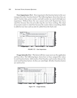 192	    Software	teSting	interview	QueStionS



            User importance (Ue):  How important is this function factor to the user 
       compared to other function factors? The following figure shows how they are 
       rated. Voucher data, print voucher, and add voucher are rated with high user 
       importance. Without these the user cannot work at all. Reports have been 
       rated low because they do not really stop the user from working. The chart 
       of accounts master is rated low because the master data is something which 
       is added at one time and can also be added from the back end.




                             Figure 172  User importance



           Usage intensity (Uy):  This factor tells how many users use the application 
       and how often. The following figure shows how we have assigned the values 
       to each function factor. Add voucher, Print Voucher, and voucher data are the 
       most used function factors. So they are rated high. All other function factors 
       are rated as low.




                               Figure 173  Usage intensity
 